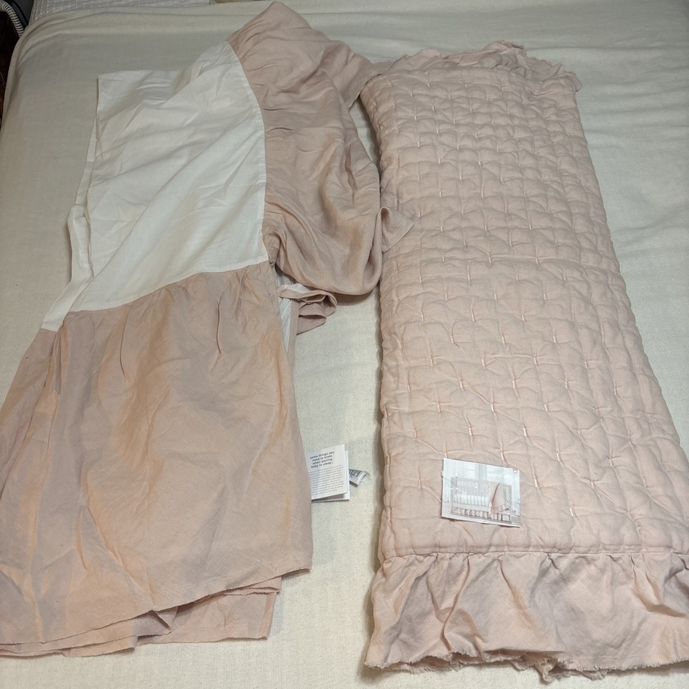 Pottery Barn Blush Pink Linen Crib Quilt & Cotton Bed Skirt 36"x 50" Shabby Chic